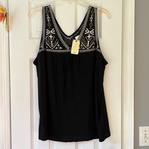 Lucky Brand tank / blouse black cream embroidery XL